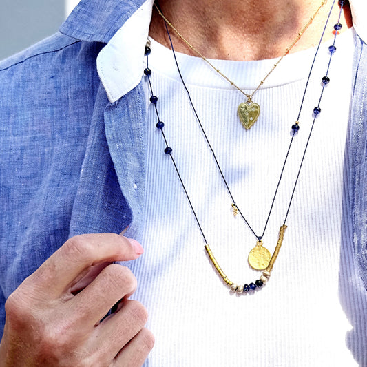 Navy Silk & Sapphire Disk Necklace